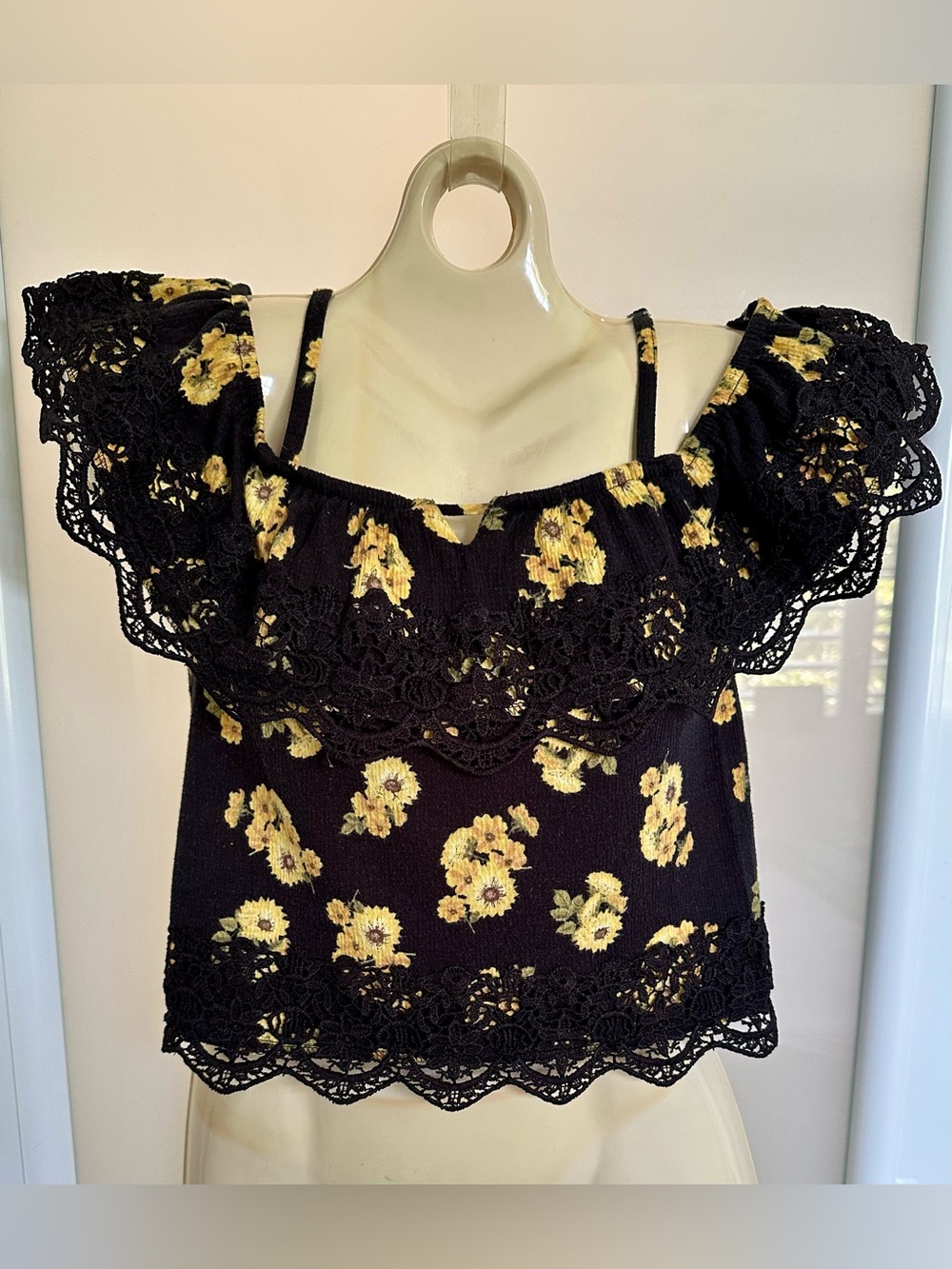 No Boundaries Black Floral Lace-Trim Off-Shoulder Crop Top